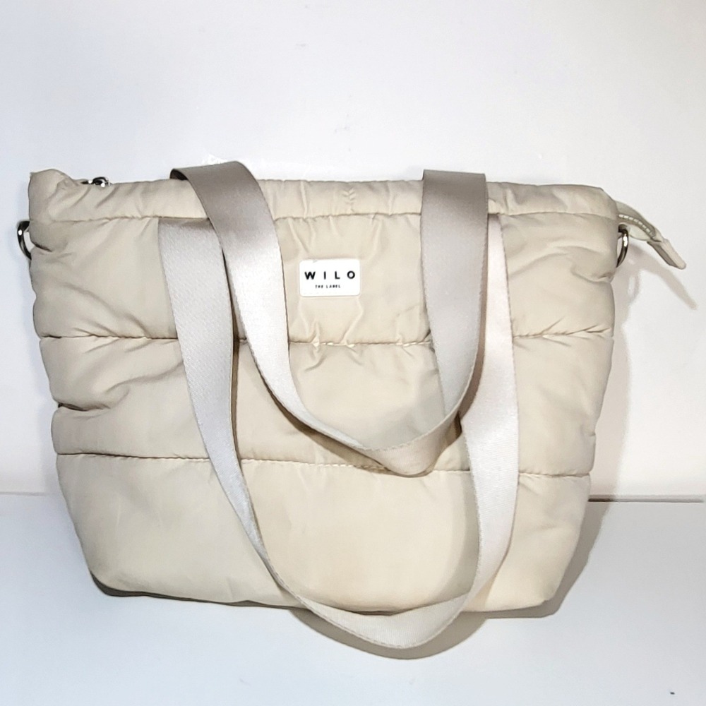 Wilo The Label Womens Puffer Tote Bag Quilted Zip Top Cream Beige OS